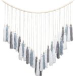 Luxbrand Grey Macrame Hanging Boho Wall décor, Neutral Tassel Wall Hanging with Wood Beads, Bohemian Bedroom Living Room Dorm Room Nursery Decoration, 41″ W x 32″ H