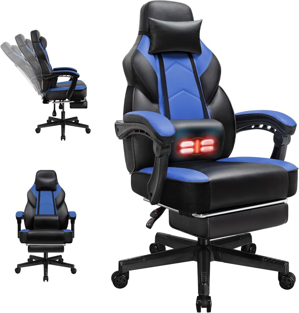 Gaming Chairs for Adults, Computer Chair with Footrest and Ergonomic High Back, Big and Tall Gamer Chairs with Massage Lumbar Support, 360° Swivel Height Adjustable Gaming Chair, Blue