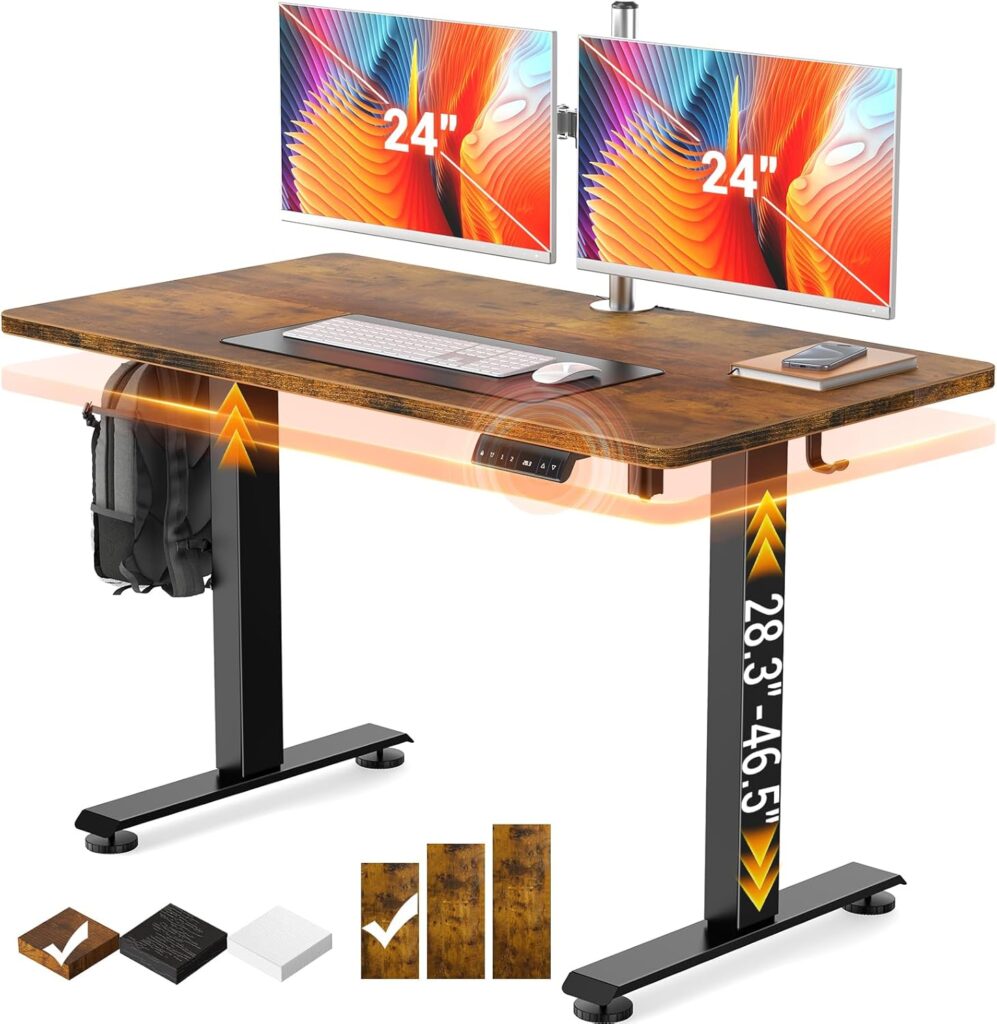 Veken 47.2″ Standing Desk, Adjustable Height Office Desk with Wood Desktop, Computer Table for Home Work, Study and Gaming, Small Spaces, Modern Furniture,Brown
