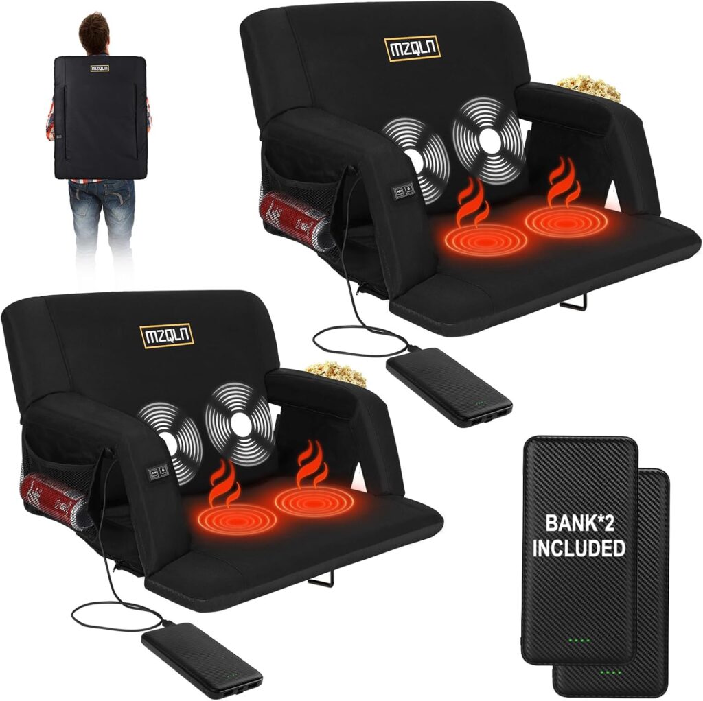 Heated Massage Reclining Stadium Seat, Bleacher Chair with 10000mAh Portable Bank, 6 Reclining Positions for Camping, Games & Sports