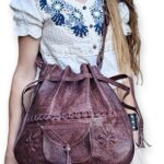 Moroccan Leather Bucket Bag, Handmade Boho Crossbody Drawstring Purse for Women