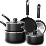 KICHLY 8 Pieces Pots and Pans Set, Non Stick Kitchen Cookware Set, Induction Frying Pans 20cm, 28cm, Saucepan with Lids 20cm, 18cm, Non Induction Saucepan 16cm, Pots and Pans Set Nonstick, Black