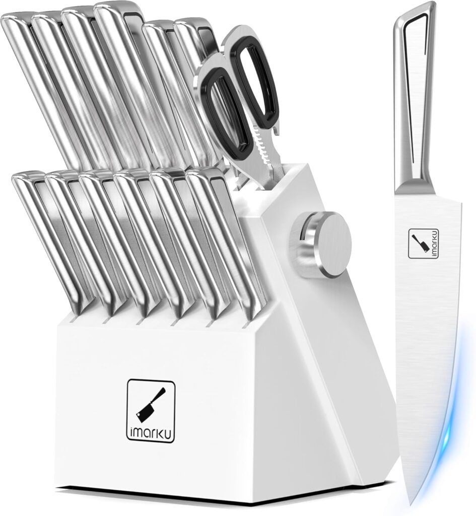 imarku Knife Set G14 – Stainless Steel Kitchen Knives with Block, Built-in Sharpener, Dishwasher Safe, Rust Resistant, Non-Slip Ergonomic Handle – 14pcs Ultimate Gift for Home Cooks & Chefs, White