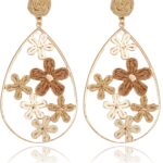 Hollow Raffia Flower Earrings, Handmade Large Teardrop Statement Drop and Dangle Earrings Summer Tropical Beach Jewelry