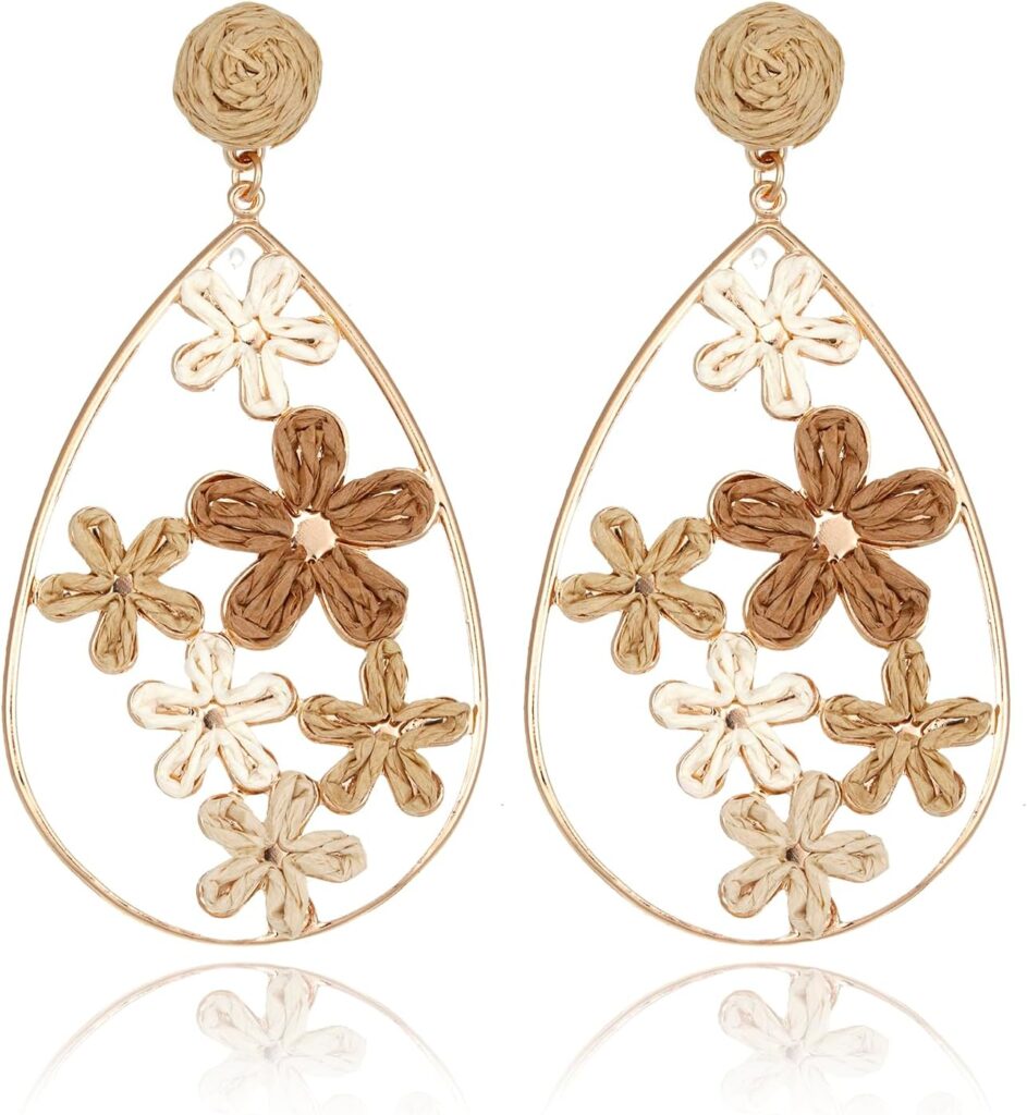 Hollow Raffia Flower Earrings, Handmade Large Teardrop Statement Drop and Dangle Earrings Summer Tropical Beach Jewelry