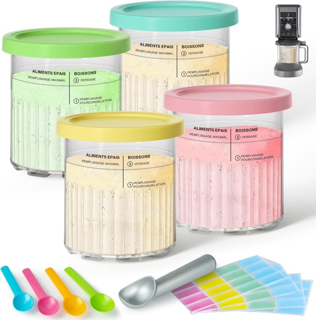 4 Pack Creami Deluxe Pints & Lids for Ninja, 24 Oz Compatible with NC500 NC501 Series Ice Cream Makers, with 5 Spoons & 64 Writable Labels, BPA-Free & Dishwasher Safe, 4 Color Lids