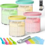 4 Pack Creami Deluxe Pints & Lids for Ninja, 24 Oz Compatible with NC500 NC501 Series Ice Cream Makers, with 5 Spoons & 64 Writable Labels, BPA-Free & Dishwasher Safe, 4 Color Lids