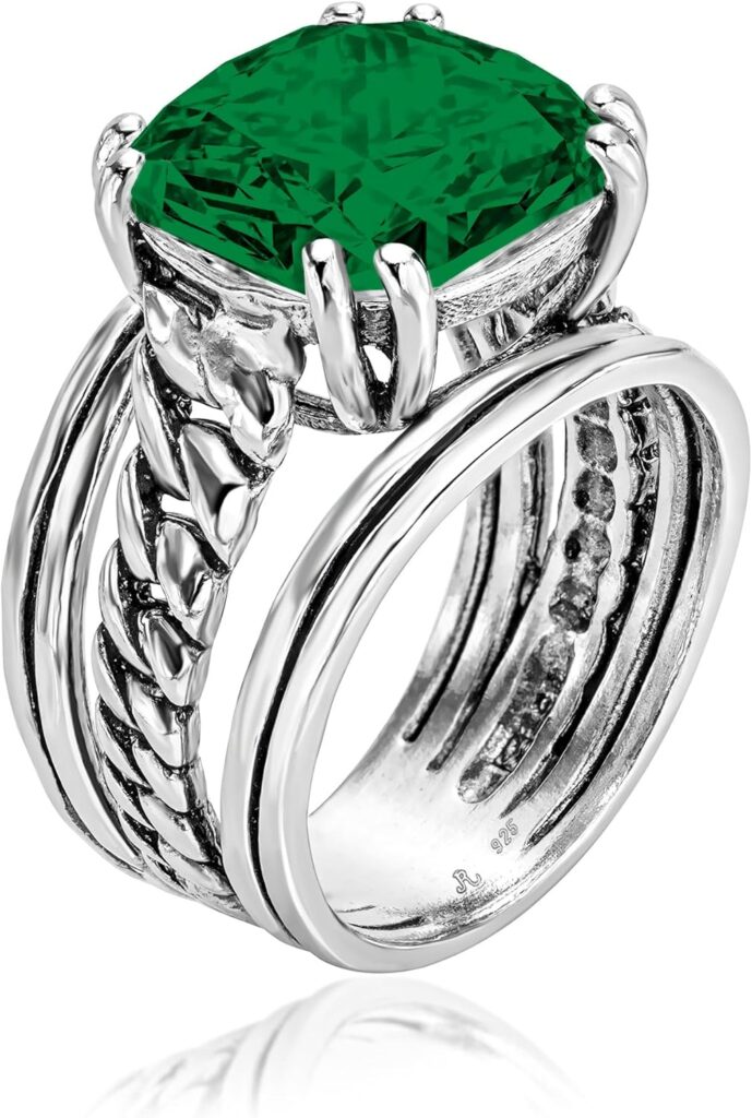 JEAN RACHEL JEWELRY 925 Sterling Silver Ring – Curb Chain Vintage Design with Cushion Shaped Cubic Zirconia – Hypoallergenic, Lead & Nickel Free – Artisan Handcrafted Statement Rings for Women