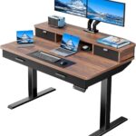 HUANUO 48 x 30 inch Electric Standing Desk with 4 Drawers, Adjustable Height Sit Stand Home Office Desk with Two Tiers, Ergonomic Adjustable Stand up Desk C-Clamp Monitor Mount Compatible, Walnut