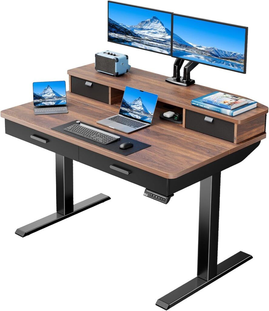 HUANUO 48 x 30 inch Electric Standing Desk with 4 Drawers, Adjustable Height Sit Stand Home Office Desk with Two Tiers, Ergonomic Adjustable Stand up Desk C-Clamp Monitor Mount Compatible, Walnut
