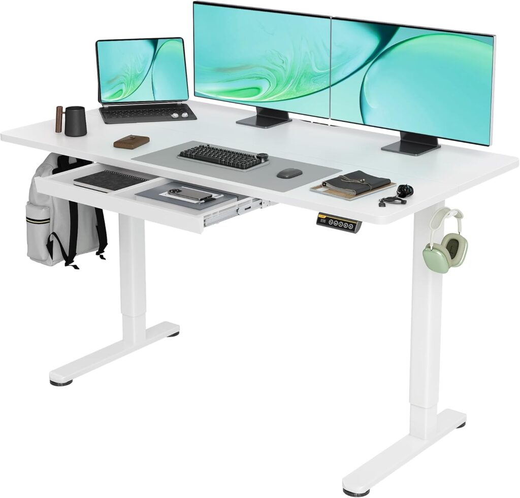 Claiks Standing Desk with Drawers, 55×24 Inch Stand Up Electric Adjustable Height Sit Stand Desk for Computer Workstation, White