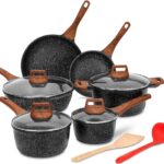 ESLITE LIFE Nonstick Cookware Sets, 12 Pcs Granite Coating Pots and Pans Set Kitchen Cooking Set, Compatible with All Stovetops (Gas, Electric & Induction), PFOA Free, Black