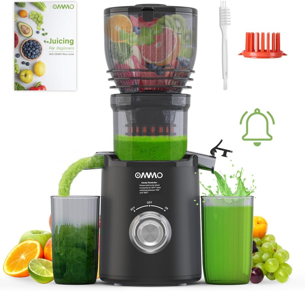 OMMO Juicer Machines, 300W Cold Press Juicer for Whole Vegetables & Fruits with 6” Large Feed Chute, Slow Masticating Juicer Easy to Clean, High Juice Yield, BPA Free, Black