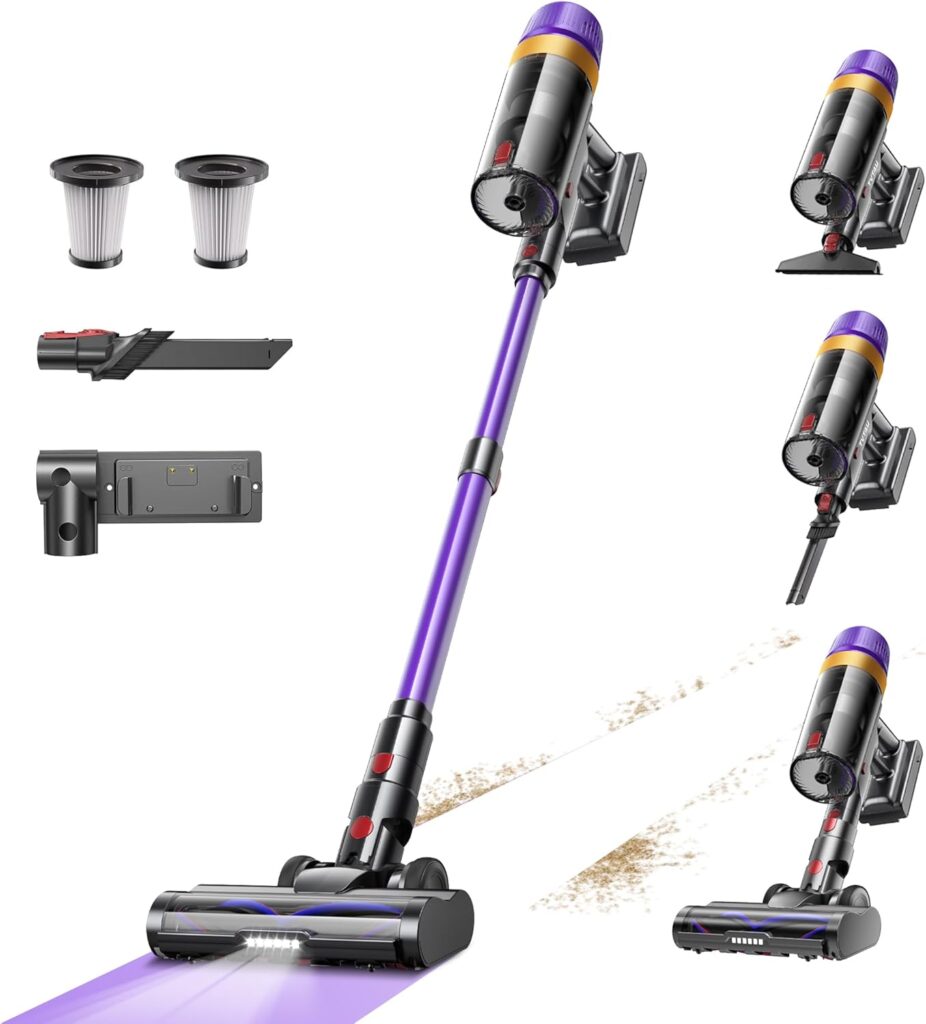 Cordless Vacuum Cleaner, 620W 55KPA 75Mins Stick Vacuum with Self-Standing, LED Display, Anti-Tangle Brush for Hardwood Floor Carpets Pet Hair