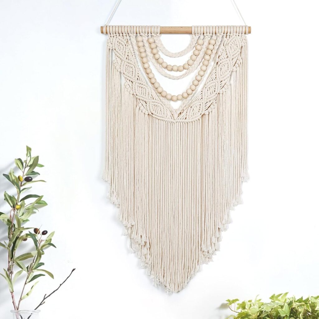 LOMOHOO Small Macrame Wall Hanging Boho Handmade Woven Tapestry Bohemian Wall Art Decor with Chic Wooden Beads Home Decor for Bedroom Living Room Apartment Dorm Gallery Wedding 16.5″x30″