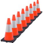 Fluorescent Orange/Green PVC Traffic Cones, Heavy Black Base Parking Lot Cone Structurally Stable Weatherproof Road Construction Safety Cones (8, Orange, 18″ Medium)