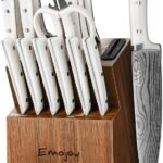 Knife Set, Emojoy 18-Pieces Kitchen Knife Set With Wooden Block, German Stainless Steel Knife Block Set With Built-In Sharpener, Professional Sharp Knives Set for Kitchen,White