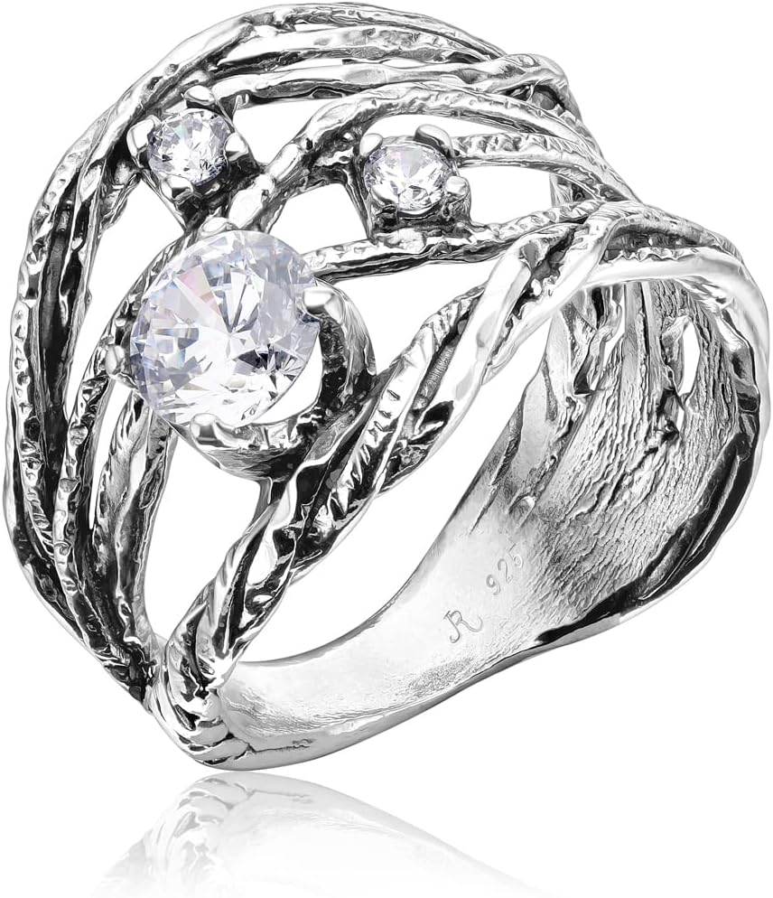 JEAN RACHEL JEWELRY 925 Sterling Silver Ring – Openwork Vintage Design with Prong Set Cubic Zirconia – Hypoallergenic, Lead & Nickel Free Jewelry – Artisan Handcrafted Statement Rings for Women