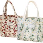 2PCS Small Tote Bag for Women Mini Canvas Embroidered Daisy Book Tote Bag Cute Corduroy Aesthetic Floral Reusable Bags for Grocery, Essentials, Water Bottle, Keys, Book, Bible