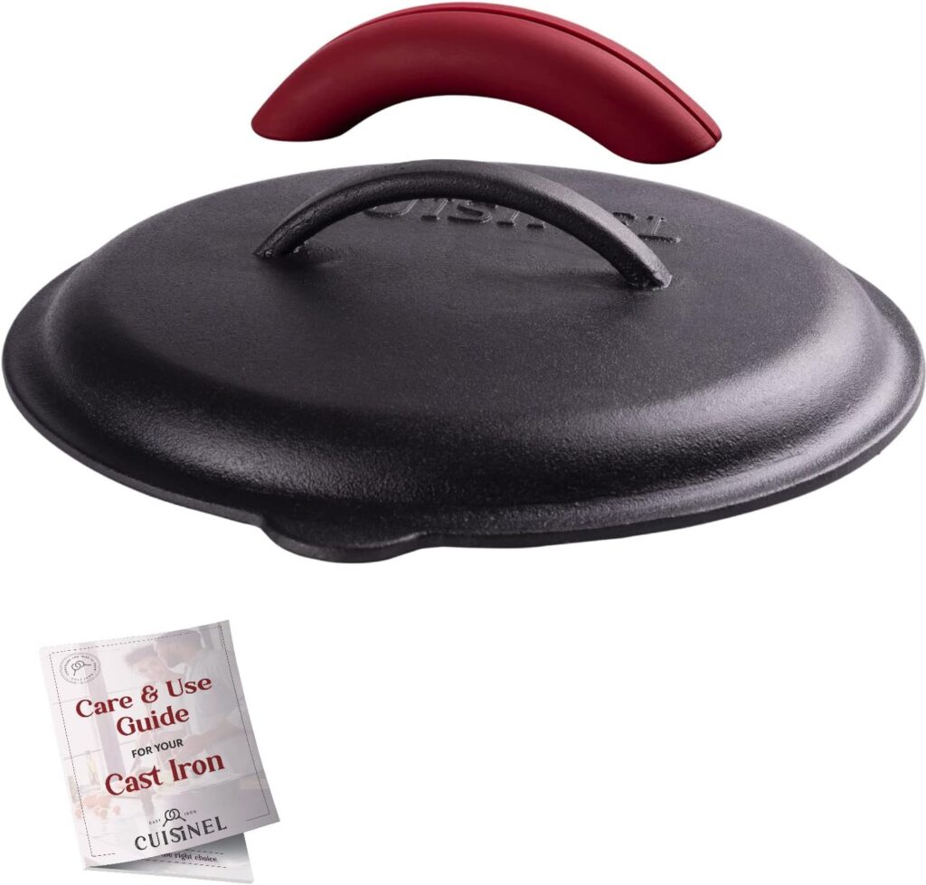 Cuisinel Cast Iron Lid – Fits 10″-Inch Lodge Skillet Frying Pans or Braiser + Silicone Handle Holder + Care Guide – 25.4-cm Pre-Seasoned Universal Replacement Cover – Indoor/Outdoor, Fire, BBQ Safe