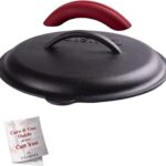 Cuisinel Cast Iron Lid – Fits 10″-Inch Lodge Skillet Frying Pans or Braiser + Silicone Handle Holder + Care Guide – 25.4-cm Pre-Seasoned Universal Replacement Cover – Indoor/Outdoor, Fire, BBQ Safe