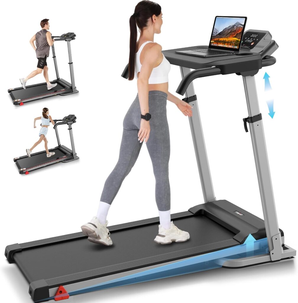 Treadmill with Desk Workstation & Adjustable Height, 300 LBS Weight Capacity, Folding Treadmill with 3 Level Incline, Bluetooth Speaker & App, Portable 2.5HP Walking Pad with Desktop for Home Office