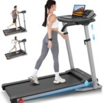 Treadmill with Desk Workstation & Adjustable Height, 300 LBS Weight Capacity, Folding Treadmill with 3 Level Incline, Bluetooth Speaker & App, Portable 2.5HP Walking Pad with Desktop for Home Office