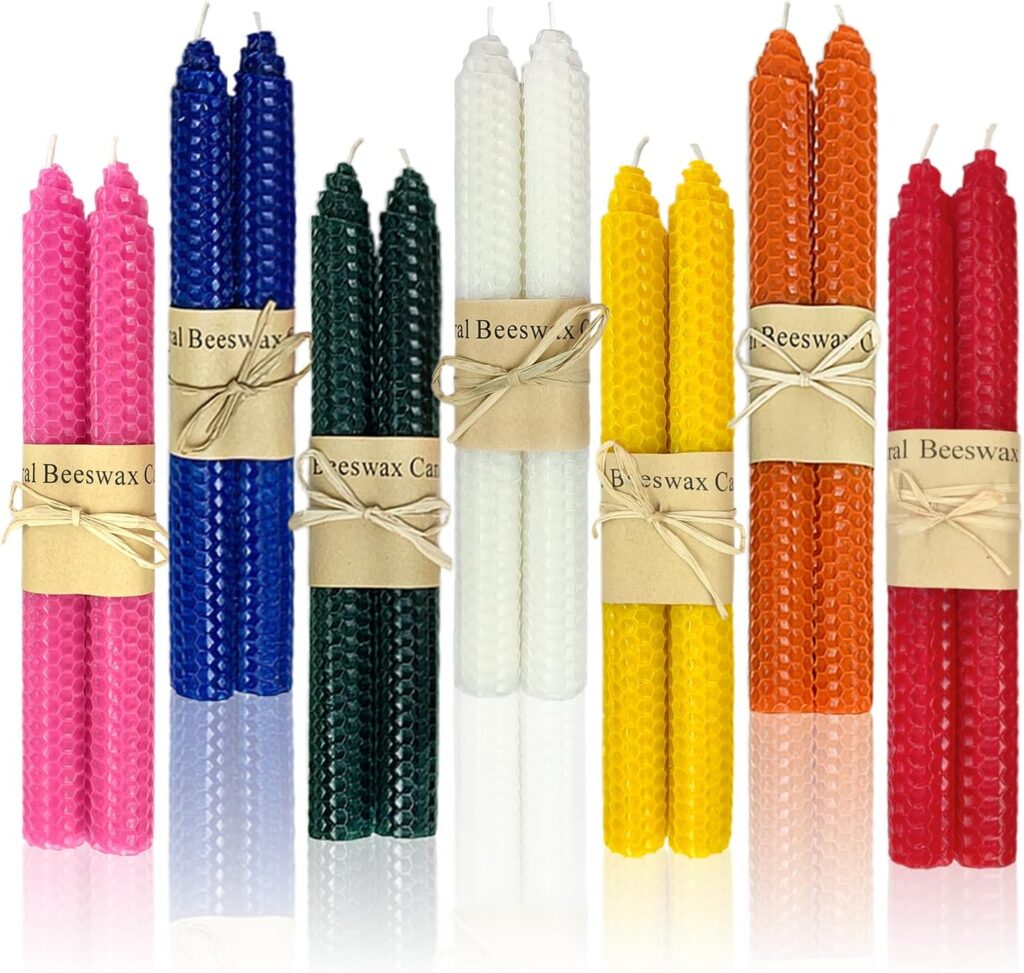14 Pack Beeswax Taper Candles, Handmade Bees Wax Candle for Home, Dripless & Unscented Candle Sticks, 9″ Tall, Rainbow Colored Candles by Kissingfish
