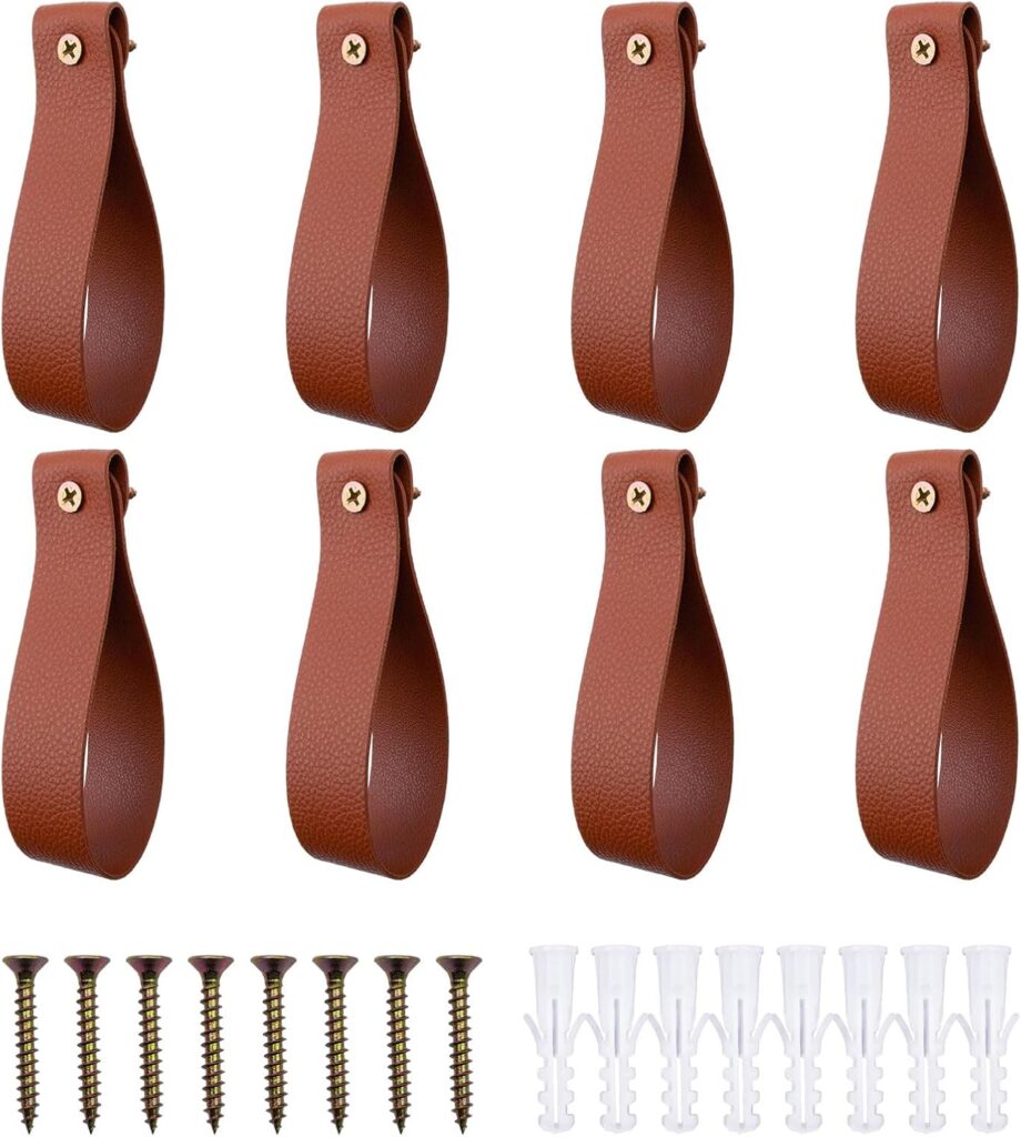 Curtain Rod Holders,Set of 8 Leather Curtain Rod Brackets with Screws,PU Curtain Rod Hangers Stylish Brown Leather Straps Hooks for Wall Pole Macrame Boho Art Décor, CH-005