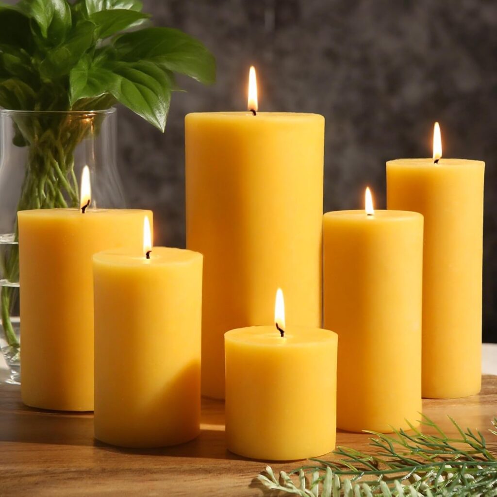 Natural Beeswax Candles Set of 6, Handmade Beeswax Pillar Candles Set, 6 Sizes, 100% Pure Unscented Bees Wax Candle, Honey Aroma Pillar Candles Bulk, for Calming, Relaxing, Air Purification