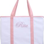 Personalized Tote Bag with Embroidery – Extra Large Canvas & Leather Handle Custom Monogram Bag 22″x16″x6″