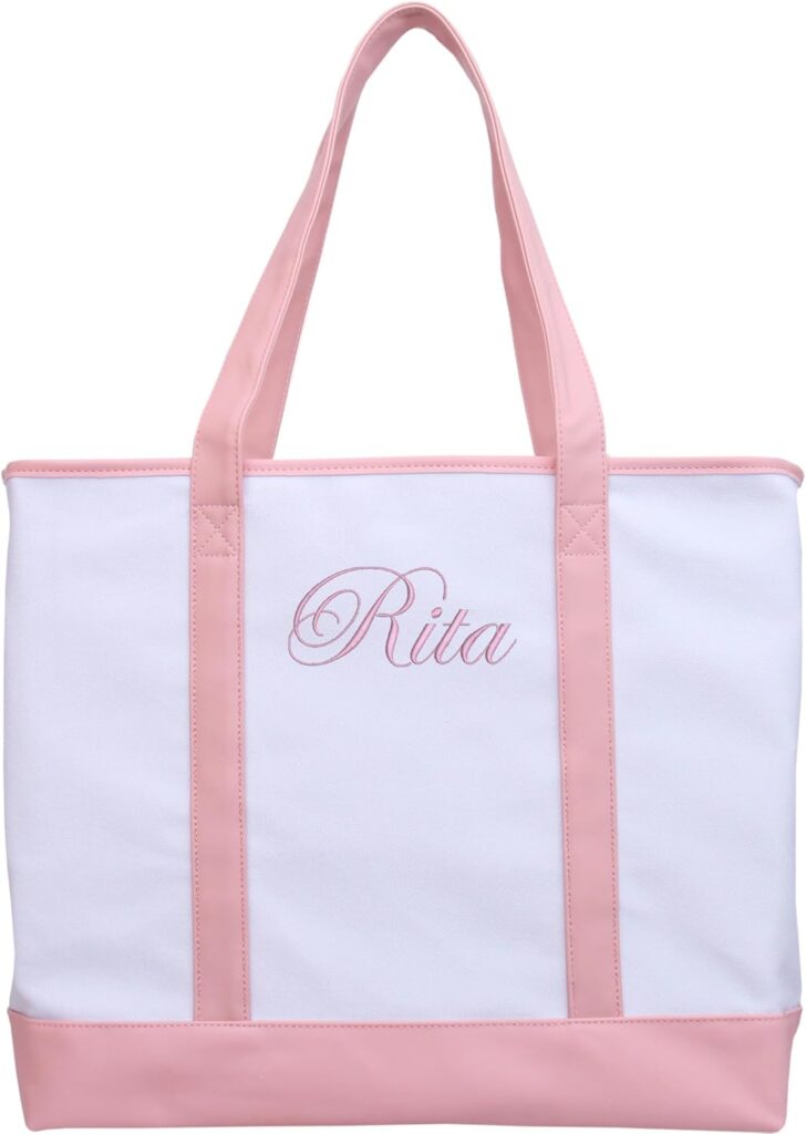 Personalized Tote Bag with Embroidery – Extra Large Canvas & Leather Handle Custom Monogram Bag 22″x16″x6″