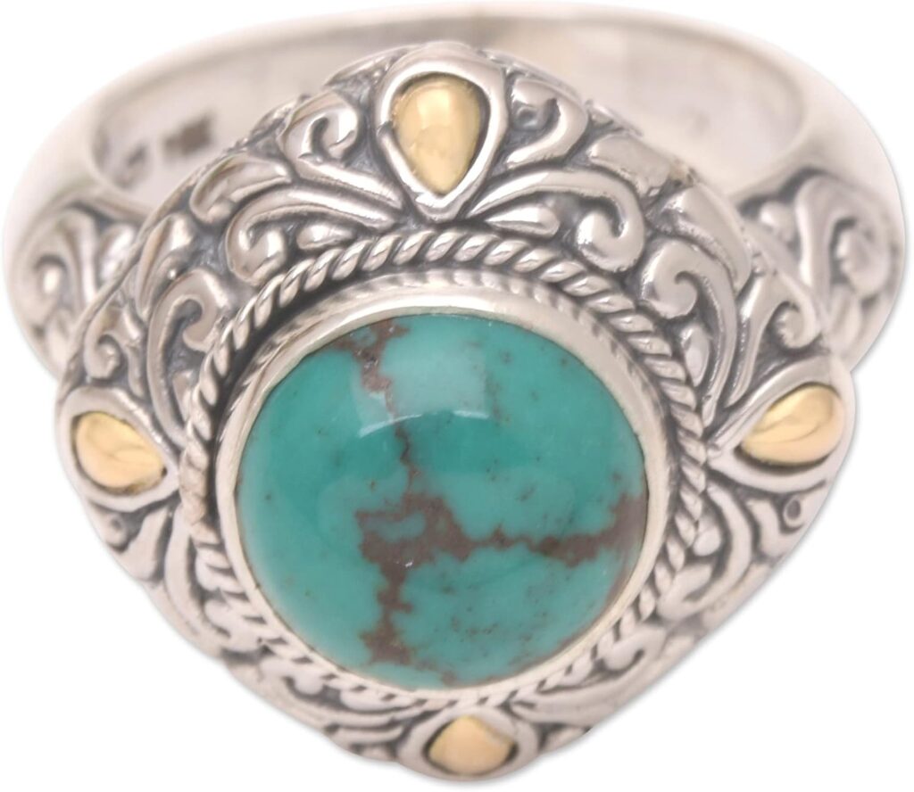 NOVICA Artisan Handmade 18k Gold Accented .925 Sterling Silver Cocktail Ring with Accents Reconstituted Turquoise Single Stone Indonesia Gemstone ‘Royal Touch’