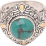 NOVICA Artisan Handmade 18k Gold Accented .925 Sterling Silver Cocktail Ring with Accents Reconstituted Turquoise Single Stone Indonesia Gemstone ‘Royal Touch’