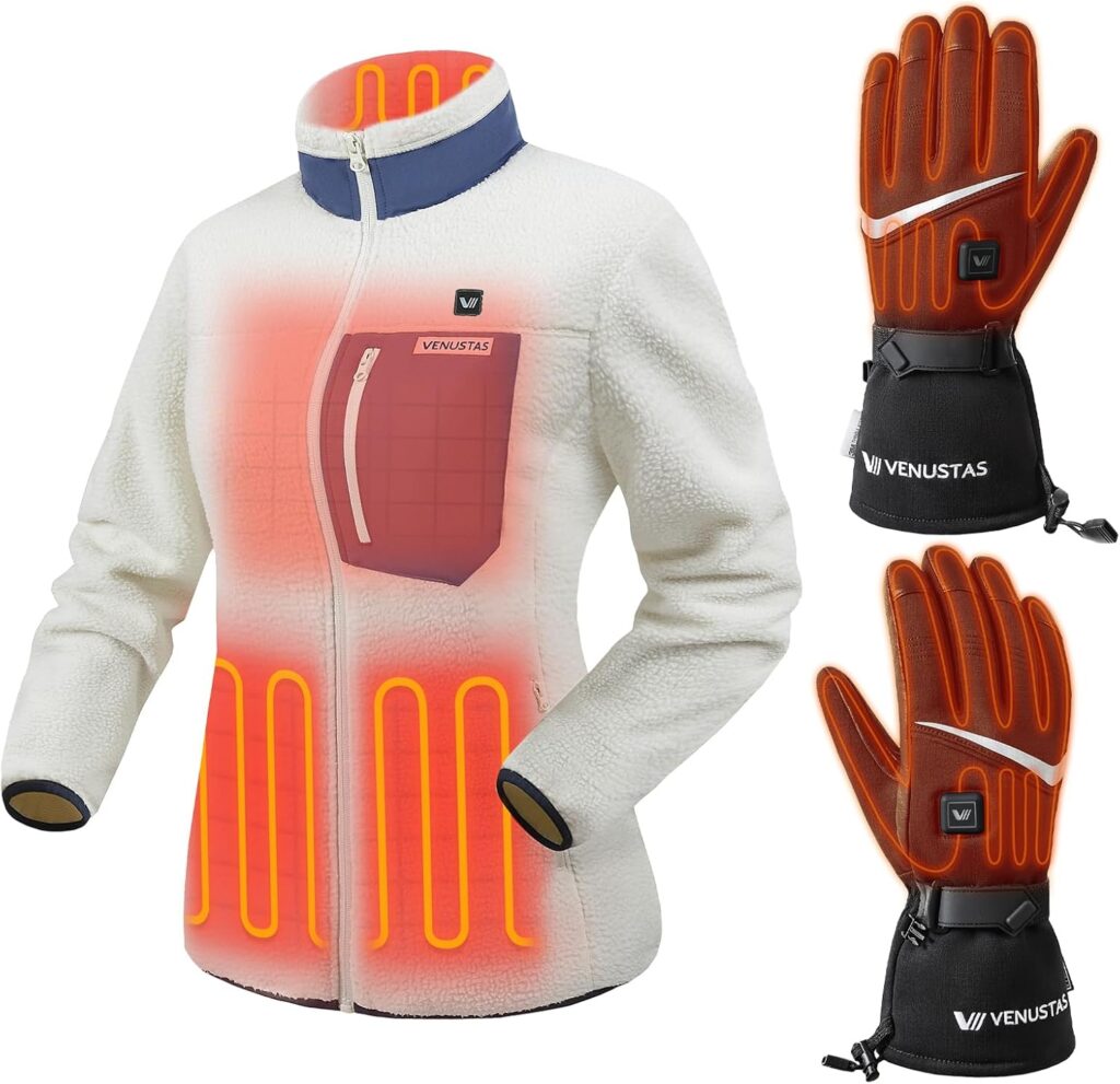 Venustas Recycled Heated Sherpa Jacket for Women + Unisex Heated Gloves, Touchscreen Compatible Ski Work Gloves
