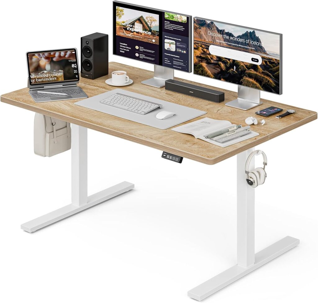 Grandder 55×32 Large Electric Standing Desk, Height Adjustable Computer Desk with 2 Memory Presets, 31.5″ Deep Desktop Sit Stand Desk Home Office Desk Workstation Table with Hooks, Oak