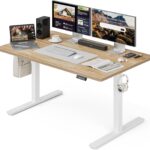 Grandder 55×32 Large Electric Standing Desk, Height Adjustable Computer Desk with 2 Memory Presets, 31.5″ Deep Desktop Sit Stand Desk Home Office Desk Workstation Table with Hooks, Oak