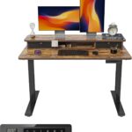 FEZIBO 48 x 24 Inch Height Adjustable Electric Standing Desk with Double Drawer, Stand Up Table with Storage Shelf, Sit Stand Desk, Rustic Brown