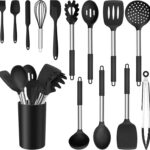 E-far 14 Pieces Silicone Cooking Utensils Set, Kitchen Utensils Set with Holder, Spatula, Ladle, Spoon, Tong, Slotted Turner for Nonstick Cookware, Heat Resistant & Stainless Steel Handle, Black