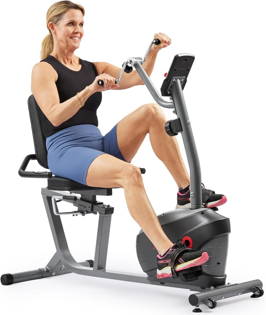 Sunny Health & Fitness Smart Indoor Recumbent Bike Trainer, Home Full Body Workout & Cardio Cycling Machine for Seniors, Free SunnyFit Bluetooth Connect, Optional Arm Exerciser Hand Cycle & Bands