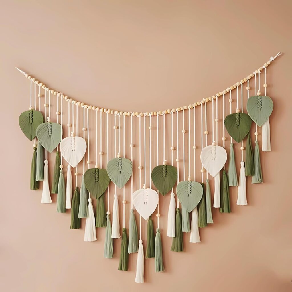 Green Macrame Wall Hanging Decor 29.5″ x 49.3”, Chic Boho Leaf Feather Tassel Garland Tapestries for Bedroom Living Room Nursery Decor