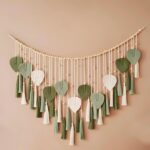 Green Macrame Wall Hanging Decor 29.5″ x 49.3”, Chic Boho Leaf Feather Tassel Garland Tapestries for Bedroom Living Room Nursery Decor