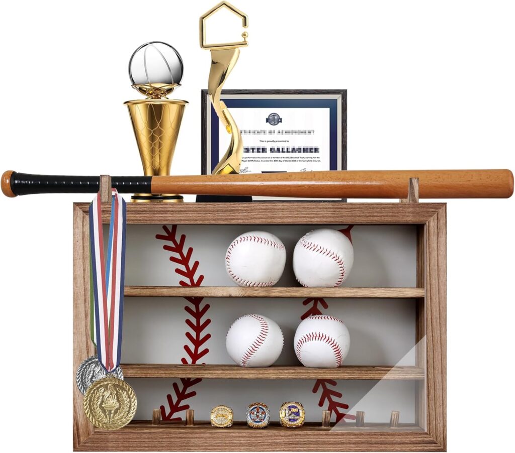 Baseball Display Case, Wood Display Rack for Bat, Trophy, and Medal, Wall Mount Baseball Holder for Collectibles and Memorabilia