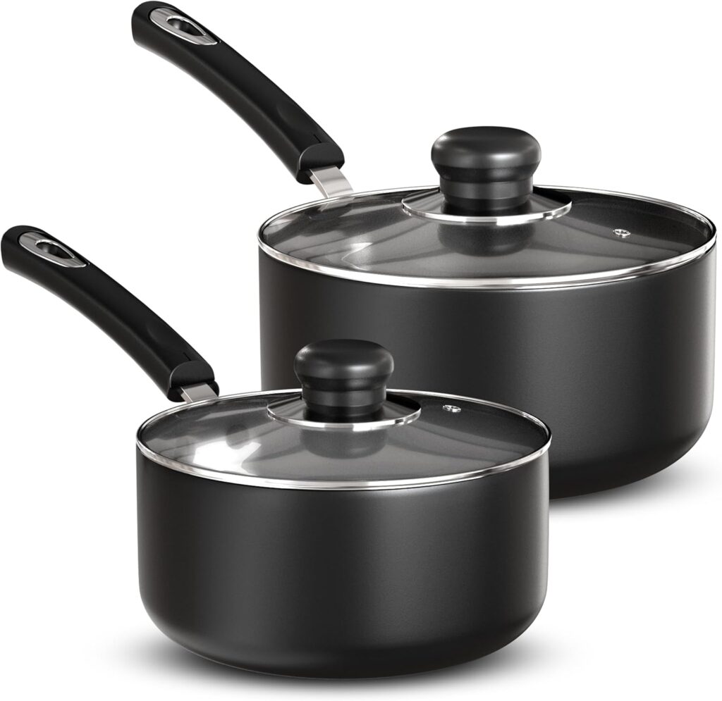 Utopia Kitchen Nonstick Saucepan Set, Cooking Pots with Lids, 1 Quart and 2 Quarts Multipurpose Kitchen Small Pots for Cooking Nonstick With Lids, 1 qt & 2 qt Set, Grey & Black