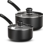 Utopia Kitchen Nonstick Saucepan Set, Cooking Pots with Lids, 1 Quart and 2 Quarts Multipurpose Kitchen Small Pots for Cooking Nonstick With Lids, 1 qt & 2 qt Set, Grey & Black
