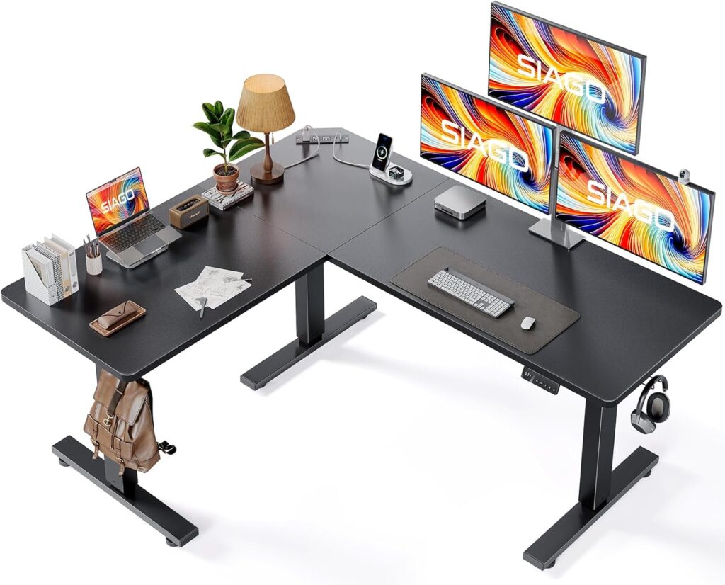 SIAGO L-Shaped Standing Desk – 63 x 55 Inch Adjustable Corner Standing Desk with Charging Station – L Shape Sit Stand Table with Memory Controller, Splice Board for Home Office