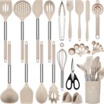 Kitchen Utensils Set, NCUE 28 Pcs Silicone Cooking Utensils Set with Holder, Spatula Set, Silicone Whisk, Scissors, Measuring Cups and Spoons Set with Stainless Steel Handle Kitchen Gadgets (Khaki)