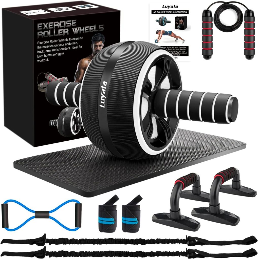 Ab Roller Wheel, 10-In-1 Ab Exercise Wheels Kit with Resistance Bands, Knee Mat, Jump Rope, Push-Up Bar – Home Gym Equipment for Men Women Core Strength & Abdominal Exercise