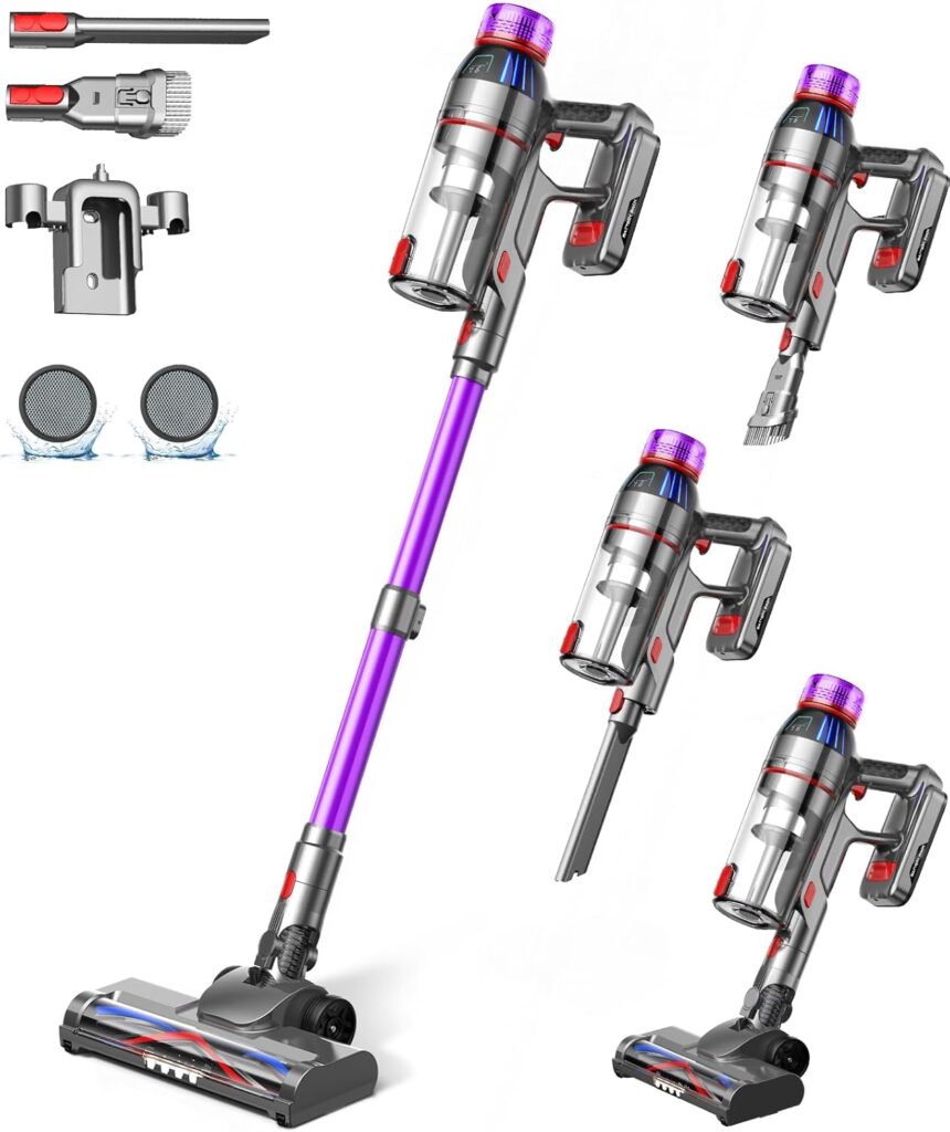 Cordless Stick Vacuum Cleaner – 550W Powerful Cordless Vacuum with HEPA Filter, Up to 50min Runtime & Tangle-Free Lightweight & Detachable Battery for Pet Hair Carpet Hardwood Floor Cleaning
