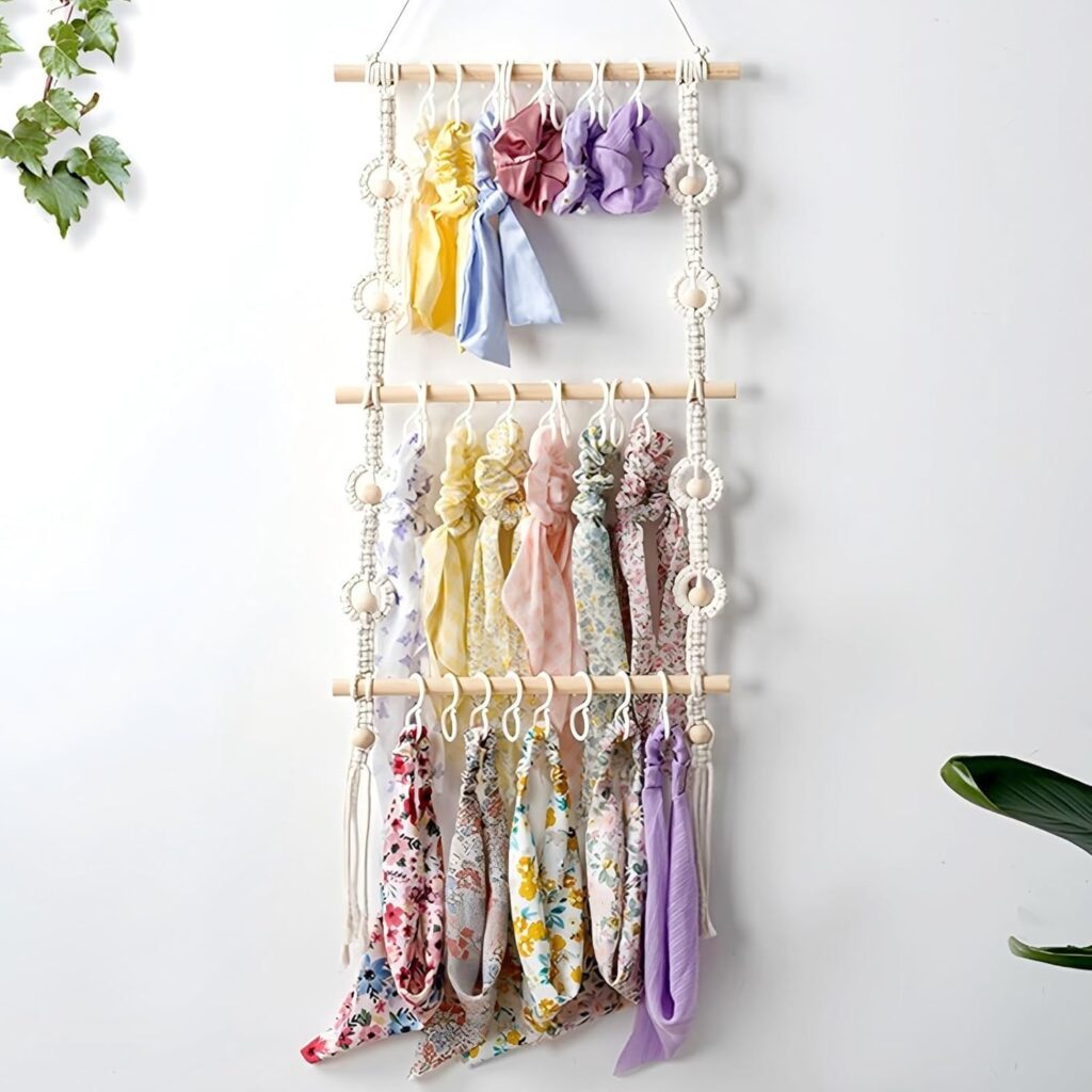 Macrame Headband Holder with 30 Hooks – Boho Cotton Rope Wall Organizer for Hair Accessories, Scrunchies | Decorative Storage Shelf for Bedroom, Girls Room | Woven Tapestry Hanging – Headband Holder